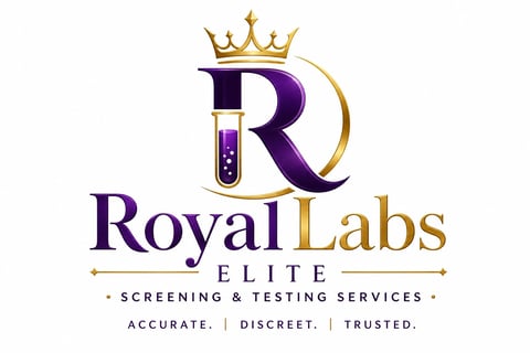 Royal Labs Elite logo featuring a purple R with gold crown and test tube, text reading Screening & Testing Services with tagline Accurate, Discreet, Trusted
